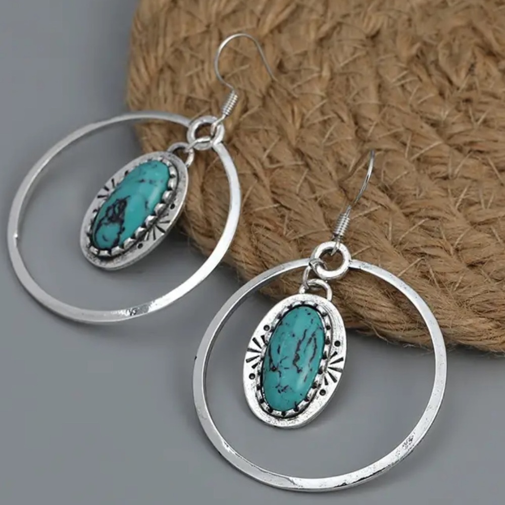 💎 New Silver Bohemian Vintage Design Circle with Oval Turquoise Earrings